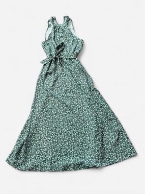 Green Floral Halter Maxi Dress with Tie Waist